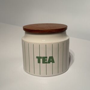 Hornsea Pottery England Green Stripes Tea Canister White Retro Wood Top MCM Jar